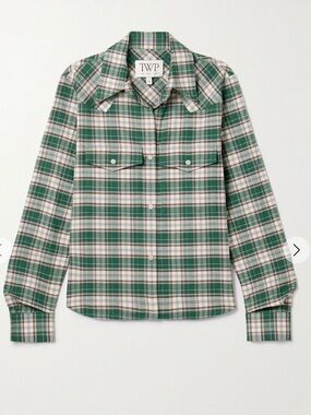 TWP NWT Plaid Flannel Shirt Carter Green Black Sz XXS Long Sleeve Button